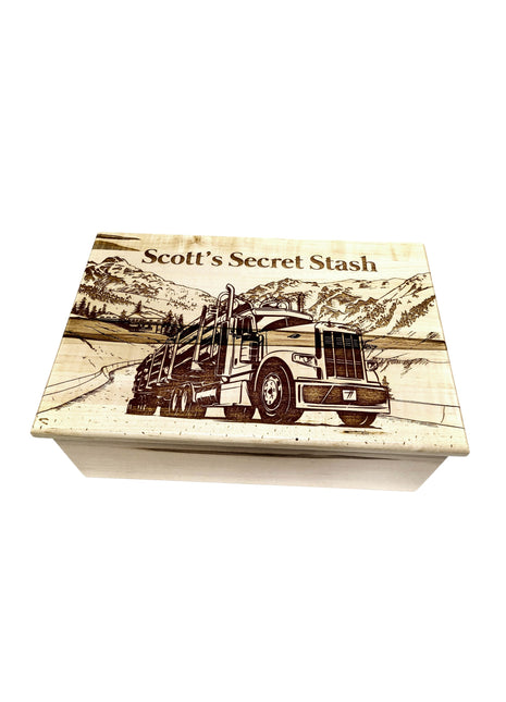 Log Truck in Mountains Memory Box Add Text, Personalized Handmade Custom Wood Memorial Laser Engraved Box