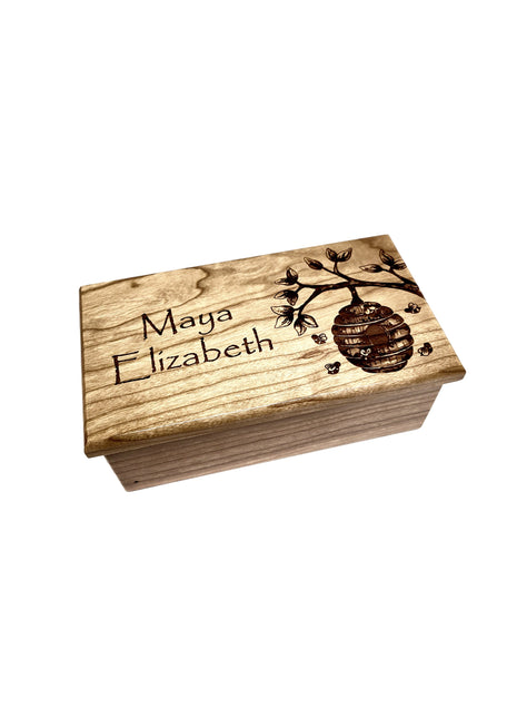Bee Hive Music Box Add Text, Personalized Custom Laser Engraved Traditional Wind Up Handmade Wood Music Box