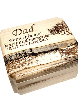 Pond Nature Scene Ring Box Add Text, Personalized Handmade Custom Laser Engraved Wooden Ring Box