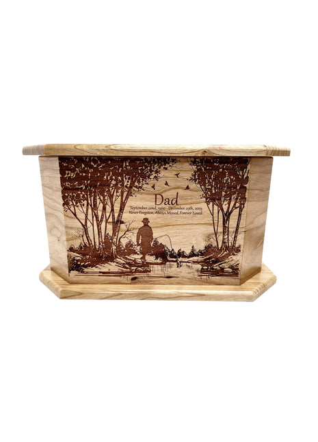 Man Fishing at Pond in Woods Urn Add Text, Personalized Handmade Custom Wood Laser Engraved Memorial Urn