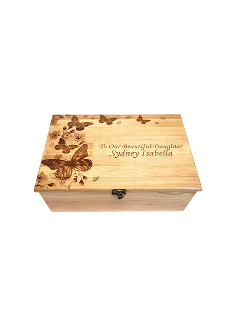 Butterfly Memory Box Add Text, Personalized Handmade Custom Wood Memorial Laser Engraved Box