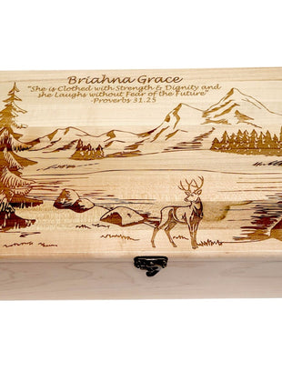 Mountains and Deer Memory Box Add Text, Personalized Handmade Custom Wood Memorial Laser Engraved Box