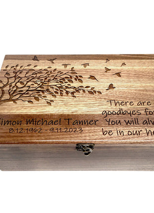 Tree with Birds 'No Goodbyes' Poem Memory Box Add Text, Personalized Handmade Custom Wood Memorial Laser Engraved Box