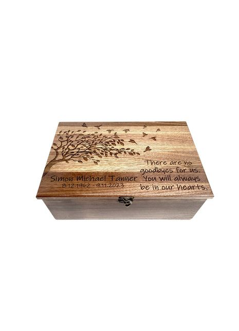 Tree with Birds 'No Goodbyes' Poem Memory Box Add Text, Personalized Handmade Custom Wood Memorial Laser Engraved Box