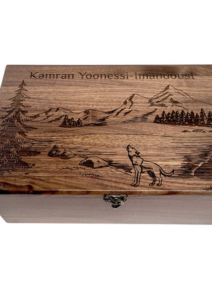 Wolf in Mountains Memory Box Add Text, Personalized Handmade Custom Wood Memorial Laser Engraved Box