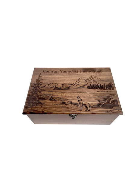 Wolf in Mountains Memory Box Add Text, Personalized Handmade Custom Wood Memorial Laser Engraved Box