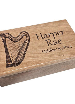Harp Music Box Add Text, Personalized Custom Laser Engraved Traditional Wind Up Handmade Wood Music Box