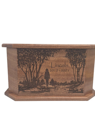 Woman at Pond in Forest Urn Add Text, Personalized Handmade Custom Wood Laser Engraved Memorial Urn, Girl at Pond