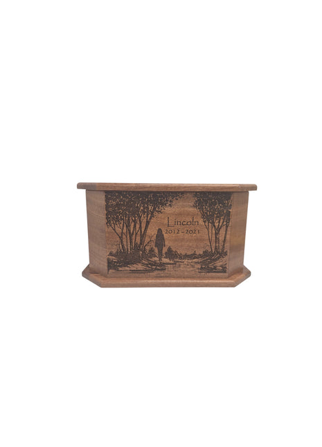 Woman at Pond in Forest Urn Add Text, Personalized Handmade Custom Wood Laser Engraved Memorial Urn, Girl at Pond