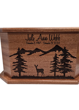 Mountain Doe Urn Add Text, Personalized Handmade Custom Wood Laser Engraved Memorial Urn