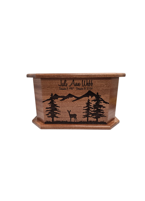 Mountain Doe Urn Add Text, Personalized Handmade Custom Wood Laser Engraved Memorial Urn