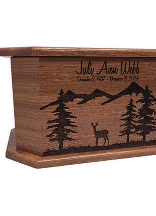 Mountain Doe Urn Add Text, Personalized Handmade Custom Wood Laser Engraved Memorial Urn