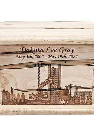 Trackhoe Costruction Urn Add Text, Personalized Handmade Custom Wood Laser Engraved Memorial Urn