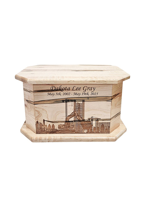 Trackhoe Costruction Urn Add Text, Personalized Handmade Custom Wood Laser Engraved Memorial Urn