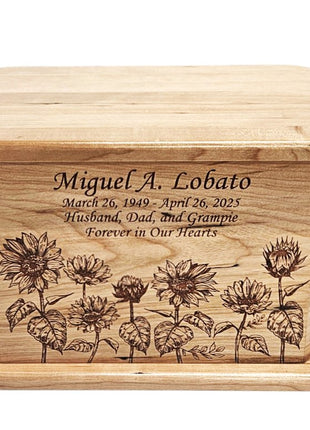 Sunflowers Urn Add Text, Personalized Handmade Custom Wood Laser Engraved Memorial Urn