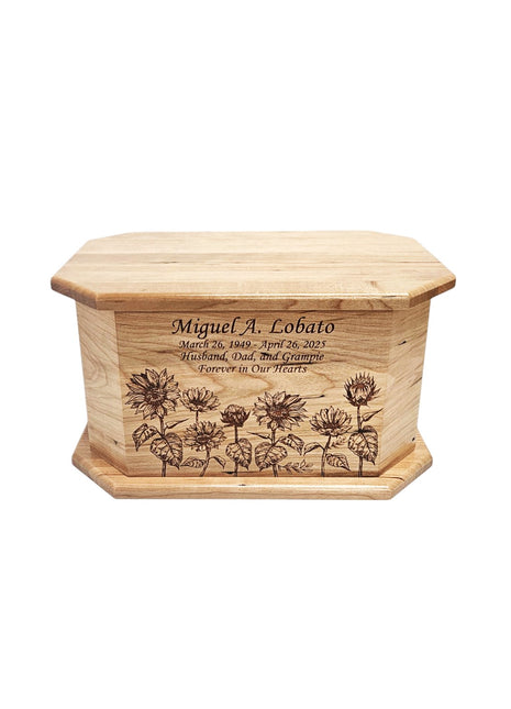 Sunflowers Urn Add Text, Personalized Handmade Custom Wood Laser Engraved Memorial Urn