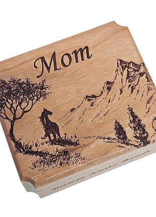 Horse on Mountain Ring Box Add Text, Personalized Handmade Custom Laser Engraved Wooden Ring Box
