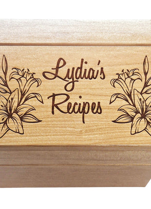 Lily Flowers Recipe Card Box Add Text,  Personalized Custom Laser Engraved Kitchen Recipe Card Box, 6"x4" Recipe Card Storage Holder