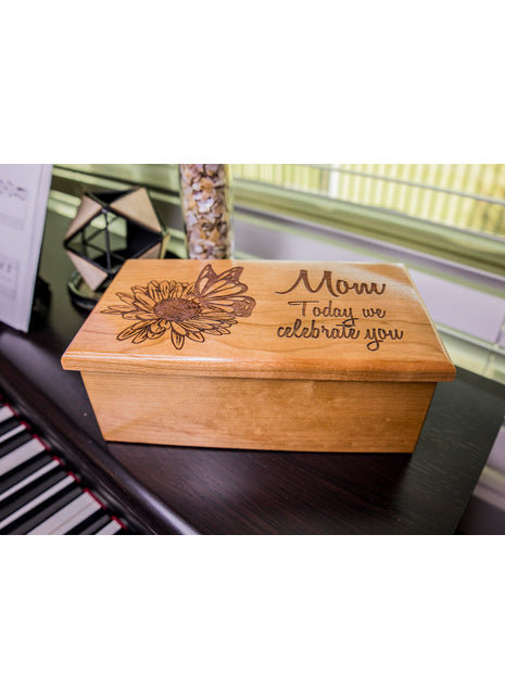 Sunflower Butterfly Music Box Add Text, Personalized Custom Laser Engraved Traditional Wind Up Handmade Wood Music Box