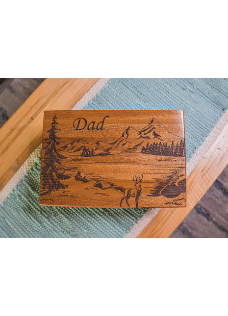 Mountains and Deer Memory Box Add Text, Personalized Handmade Custom Wood Memorial Laser Engraved Box