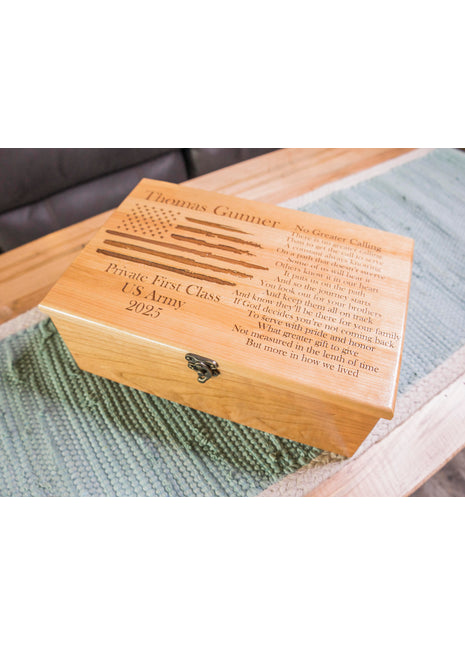 US American Flag Service Poem Memory Box Add Text, Personalized Handmade Custom Wood Memorial Laser Engraved Box, Airforce, Army, Navy, Marine Corps, Coast Guard, Space Force