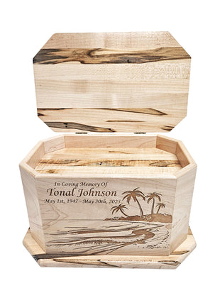 A wooden box with an etched design on it, which appears to be a memorial or tribute to someone named Tional Johnson.