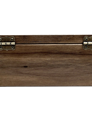 a wooden box with metal handles on a white background