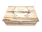 a wooden box with a deer head on it