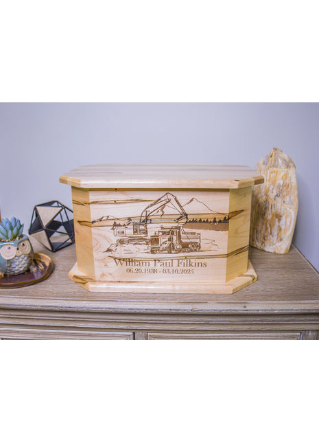 Trackhoe Dumptruck Driver Mountain Costruction Urn Add Text, Personalized Handmade Custom Wood Laser Engraved Memorial Urn