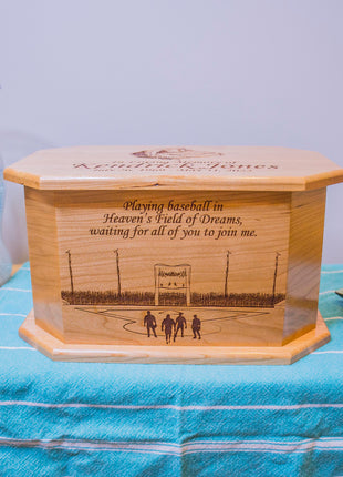Baseball Field Sports Urn Add Text, Personalized Handmade Custom Wood Laser Engraved Memorial Urn