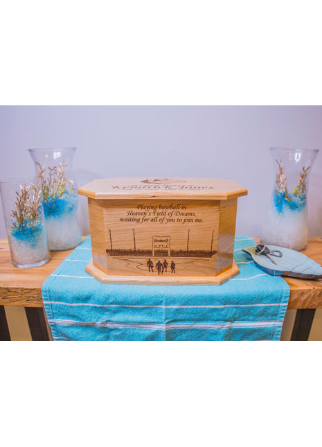Baseball Field Sports Urn Add Text, Personalized Handmade Custom Wood Laser Engraved Memorial Urn
