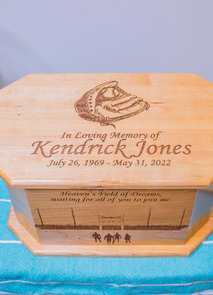Baseball Field Sports Urn Add Text, Personalized Handmade Custom Wood Laser Engraved Memorial Urn