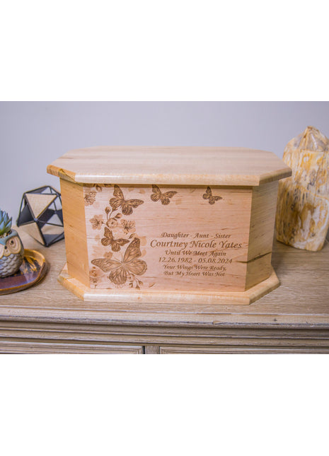 Butterfly Urn Add Text, Personalized Handmade Custom Wood Laser Engraved Memorial Urn