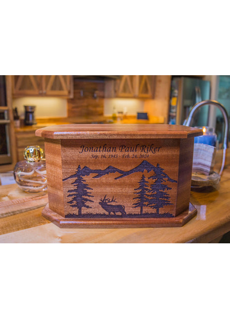 Mountain Elk Urn Add Text, Personalized Handmade Custom Wood Laser Engraved Memorial Urn