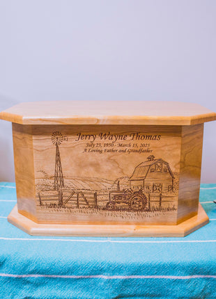Farm with Barn and Tractor Urn Add Text, Personalized Handmade Custom Wood Laser Engraved Memorial Urn