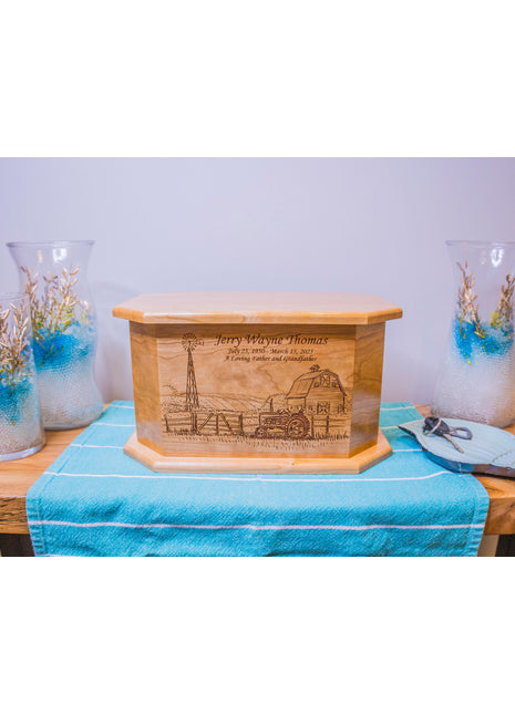 Farm with Barn and Tractor Urn Add Text, Personalized Handmade Custom Wood Laser Engraved Memorial Urn