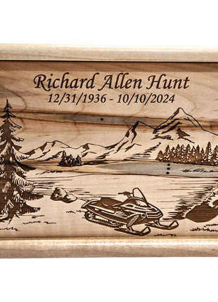 Snowmobile in Mountains Urn Add Text, Personalized Handmade Custom Wood Laser Engraved Memorial Urn