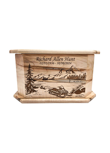Snowmobile in Mountains Urn Add Text, Personalized Handmade Custom Wood Laser Engraved Memorial Urn