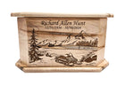 Snowmobile in Mountains Urn Add Text, Personalized Handmade Custom Wood Laser Engraved Memorial Urn