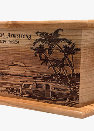 RV at Beach Urn Add Text, Personalized Handmade Custom Wood Laser Engraved Memorial Urn (Copy)