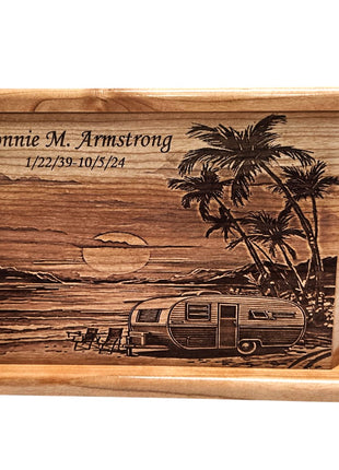 RV at Beach Urn Add Text, Personalized Handmade Custom Wood Laser Engraved Memorial Urn (Copy)