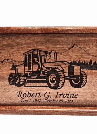 Motorgrader Costruction Urn Add Text, Personalized Handmade Custom Wood Laser Engraved Memorial Urn