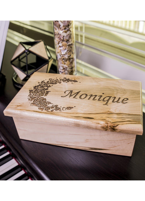 Floral Moon Music Box Add Text, Personalized Custom Laser Engraved Traditional Wind Up Handmade Wood Music Box