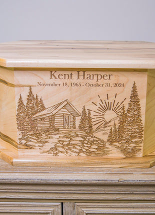 Rustic Mountain Cabin Urn Add Text, Personalized Handmade Custom Wood Laser Engraved Memorial Urn