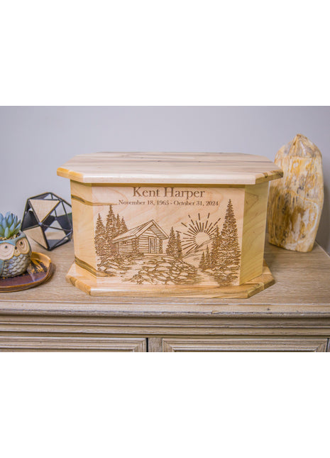 Rustic Mountain Cabin Urn Add Text, Personalized Handmade Custom Wood Laser Engraved Memorial Urn