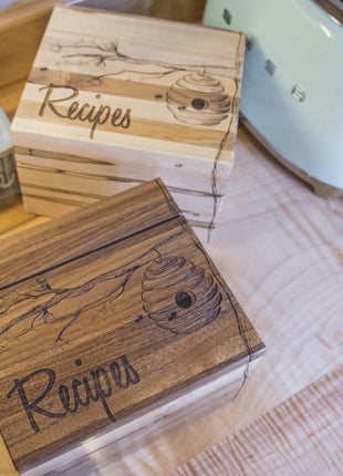 Honey Bee Hive Recipe Card Box Add Text,  Personalized Custom Laser Engraved Kitchen Recipe Card Box, 6"x4" Recipe Card Storage Holder