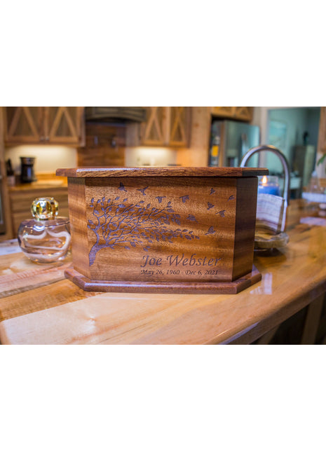 Tree with Flying Birds Urn Add Text, Personalized Handmade Custom Wood Laser Engraved Memorial Urn