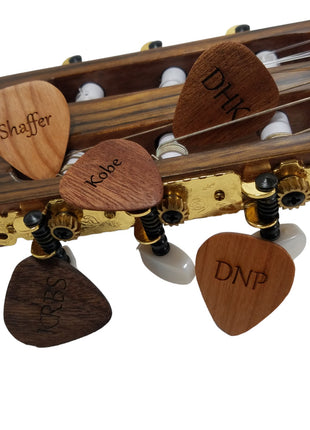 a close up of a guitar's neck with wooden picks