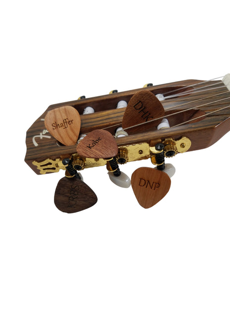 a close up of a guitar's neck with wooden picks