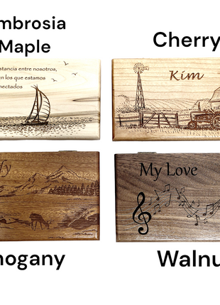 four wooden coasters with different designs on them